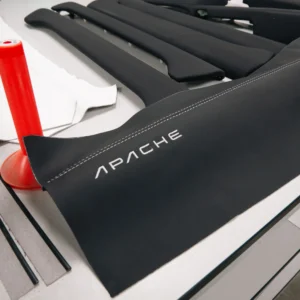 Apache leather on the cutting table prior to be applied to the components of the vehicle