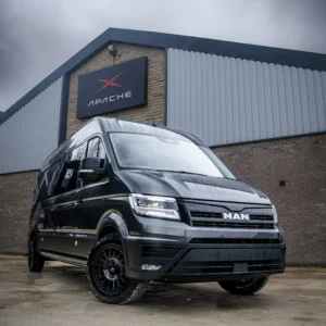 Front of an Apache MAN TGE parked outside the Apache showroom
